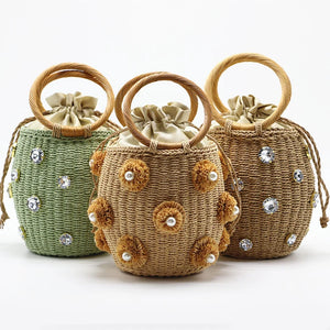 Straw Bucket Bag Rhinestone Crystal Embellished Travel Purse Handbag