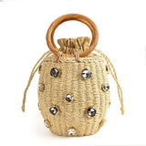 Straw Bucket Bag Rhinestone Crystal Embellished Travel Purse Handbag