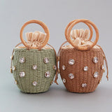 Straw Bucket Bag Rhinestone Crystal Embellished Travel Purse Handbag