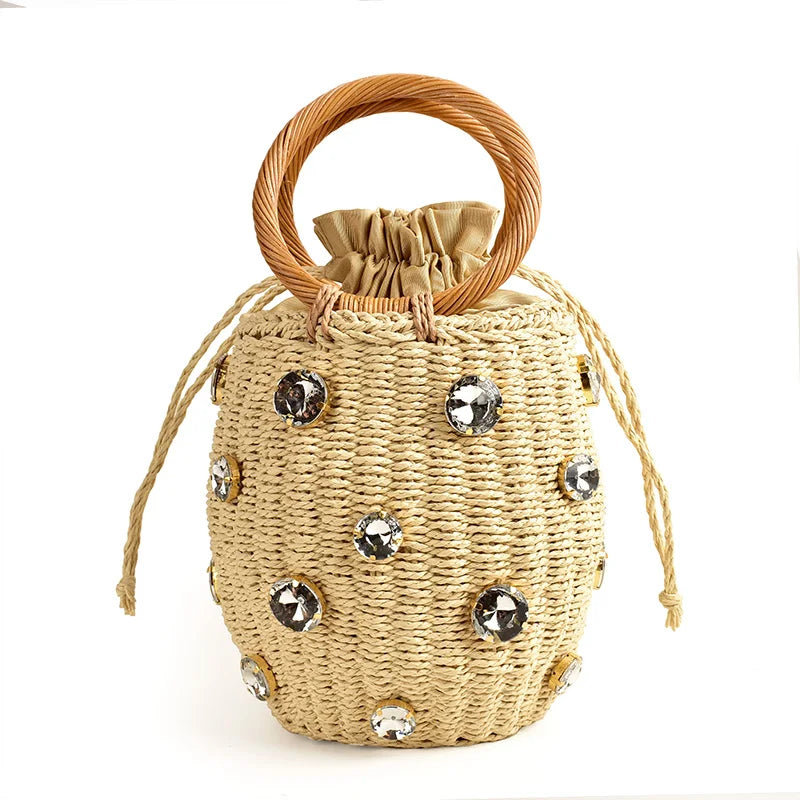 Straw Bucket Bag Rhinestone Crystal Embellished Travel Purse Handbag