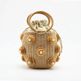 Straw Bucket Bag Rhinestone Crystal Embellished Travel Purse Handbag