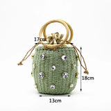 Straw Bucket Bag Rhinestone Crystal Embellished Travel Purse Handbag