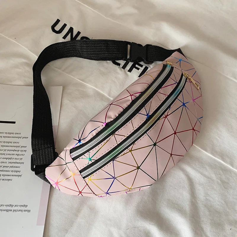 Women Pink Holographic Waist Bag Fanny Pack Geometric Phone Pouch