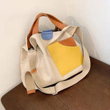Canvas Leather Bucket Bag Large Capacity Shoulder Crossbody Handbag