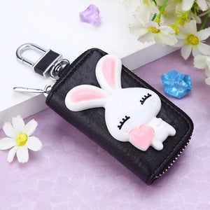 Key Holder Cow Leather Women Housekeeper Key Wallet Cartoon Rabbit