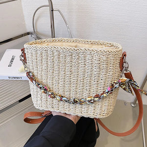 Straw Bucket Bag with Silk Scarf Handbag