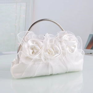 Beige Satin Mesh Flowers Bridal Clutches Wedding Evening Bag