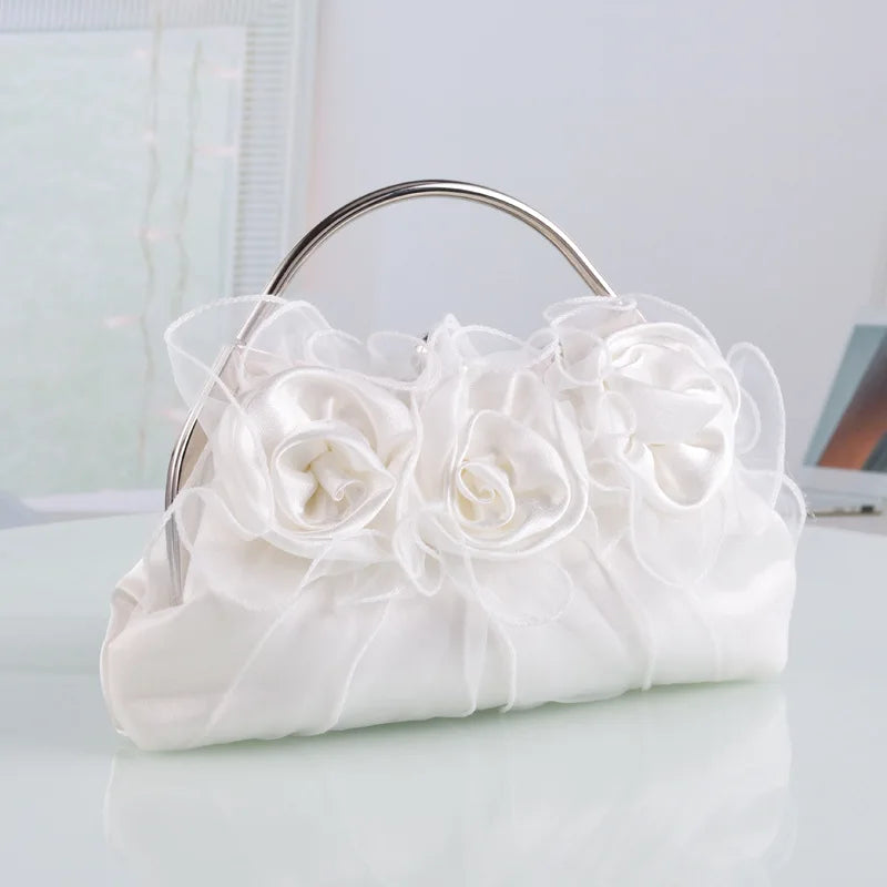 Beige Satin Mesh Flowers Bridal Clutches Wedding Evening Bag