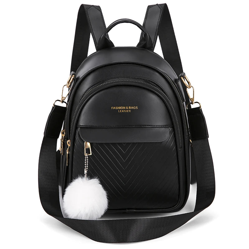 Women's Small Backpack in High Leather with Hair Ball Gift