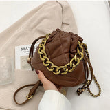 Lattice Pleated Bucket Bag Totes With Chain Handle PU Leather Women's Handbag