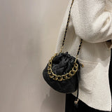Lattice Pleated Bucket Bag Totes With Chain Handle PU Leather Women's Handbag