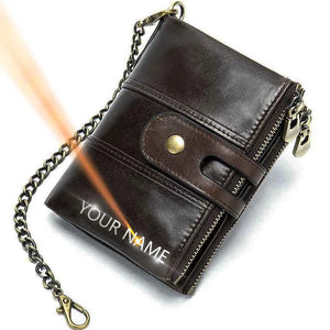 Vintage Leather Men Wallet with Anti-theft Chain and Name Engraving