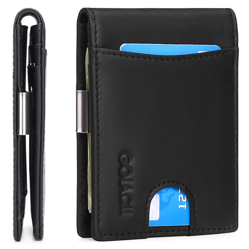 Men's Slim Wallets Cowhide Dollar Clip RFID Blocking Purse Cartera Hombre