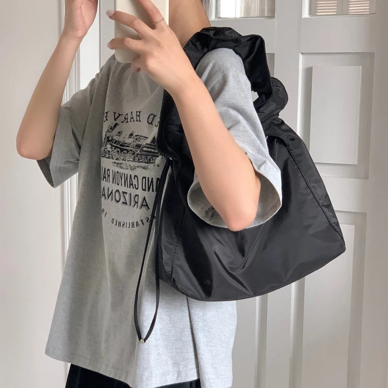 Nylon Women's Shoulder Bag with Pleated Drawstring Strap