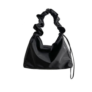 Nylon Women's Shoulder Bag with Pleated Drawstring Strap