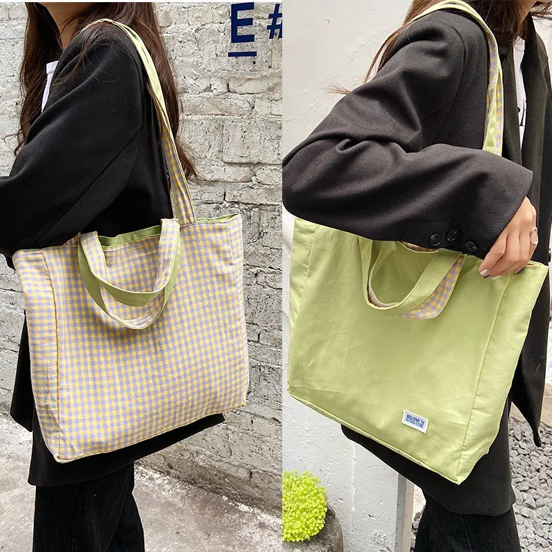 Green Plaid Shoulder Bag Double-sided Large Capacity Handbag