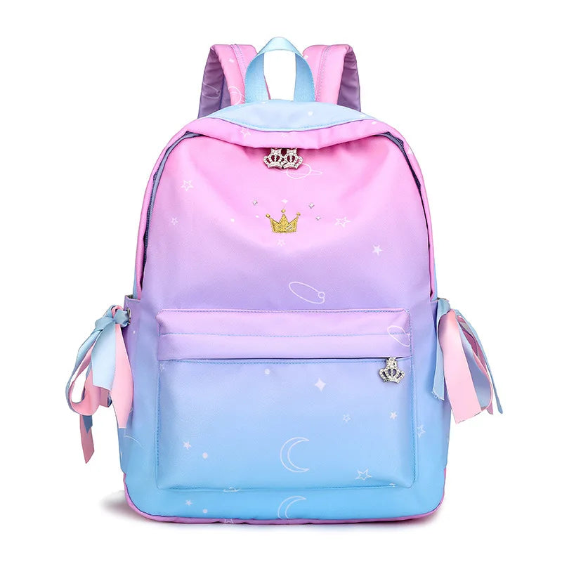 Preppy Style Ribbon Backpack Crown Embroidery Gradient School Backpacks for Teen