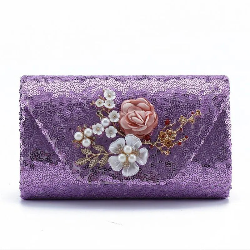 Purple Sequin Evening Clutch Bags Bling Flowers Wedding Clutch Bags