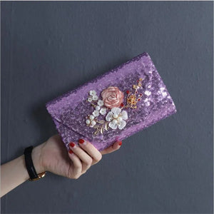 Purple Sequin Evening Clutch Bags Bling Flowers Wedding Clutch Bags