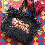 Vintage Denim Embroidery Casual Tote Bag Large Capacity Shopping Handbag