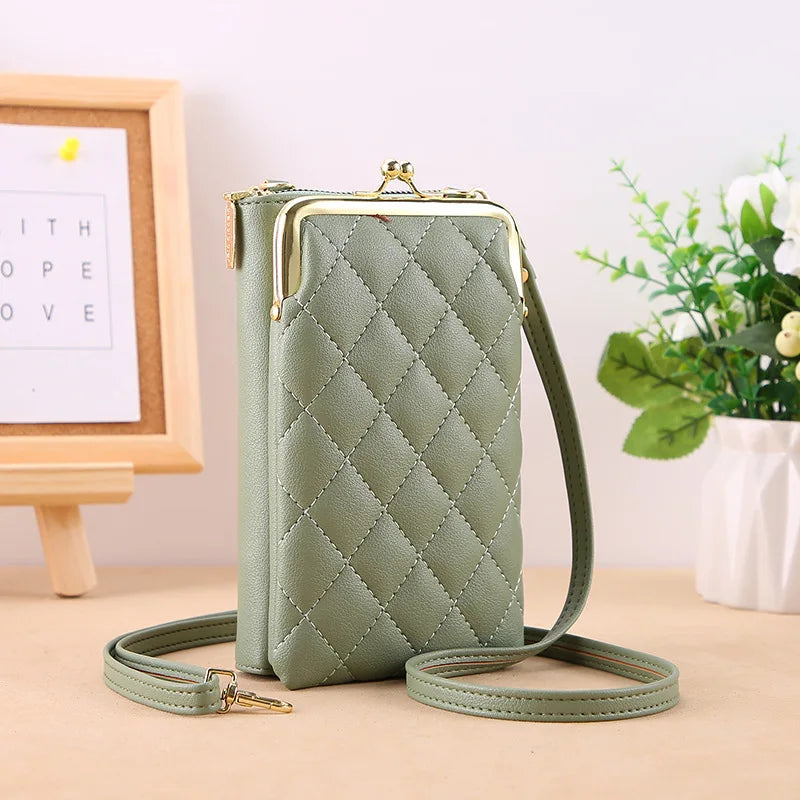 Women's Rhombus Mobile Phone Pocket Leather Messenger Purse