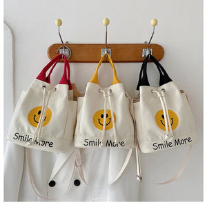 Canvas Messenger Bag Smiley Print Drawstring Handbag