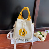 Canvas Messenger Bag Smiley Print Drawstring Handbag