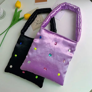 Small Square Bag Hand Sewn Gem Shoulder Bag Satin Diamond Inlaid