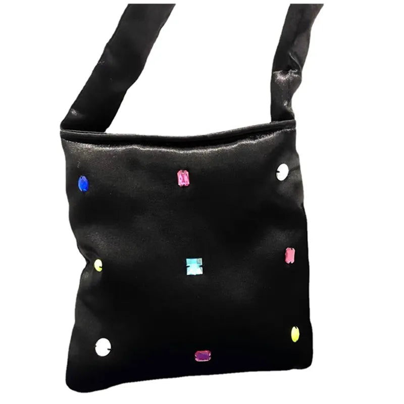 Small Square Bag Hand Sewn Gem Shoulder Bag Satin Diamond Inlaid