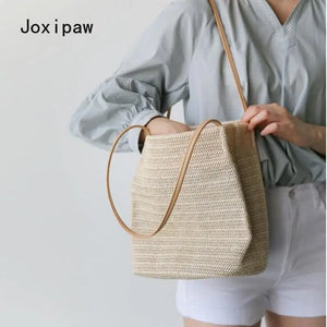 Large Capacity Shoulder Bags for Women Vintage Straw Bag Bucket Handbags