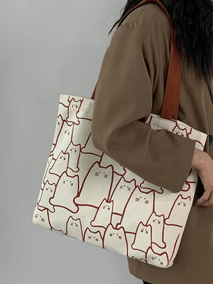 Spring Autumn Cat Tote Bag Small Canvas Handbag Zipper Shopper