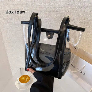 Summer PVC Transparent Bucket Bag for Women Large Capacity Handbag