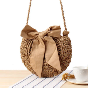 Summer Round Straw Bag Beach Wind Bow Crossbody Woven Bag Crochet Female Bag