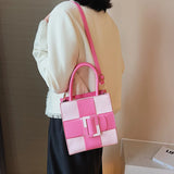 Summer Sweet Girl Series Checkerboard Contrast Handbag Soft PU Crossbody Pink Ba
