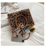 Leopard Print PU Leather Tote Bag Plush Winter Shopping Bag