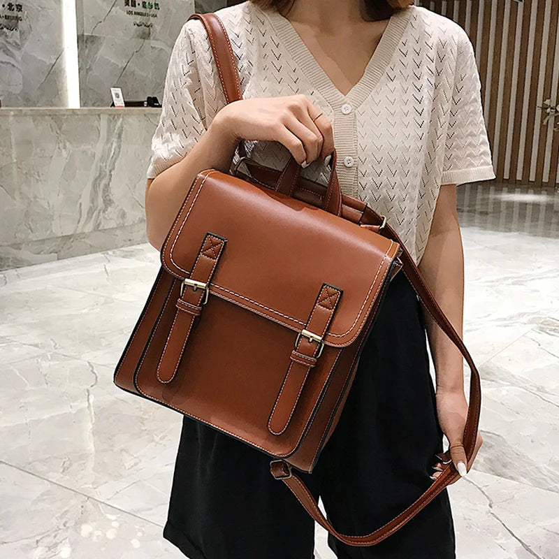 Vintage PU Leather Backpack for Women Girls School Bag