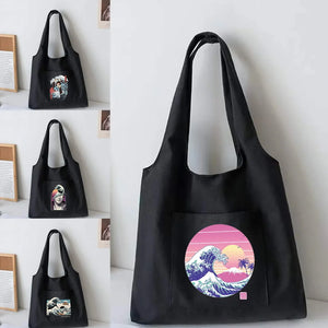 Wave Pattern Canvas Shoulder Tote Bag for Women