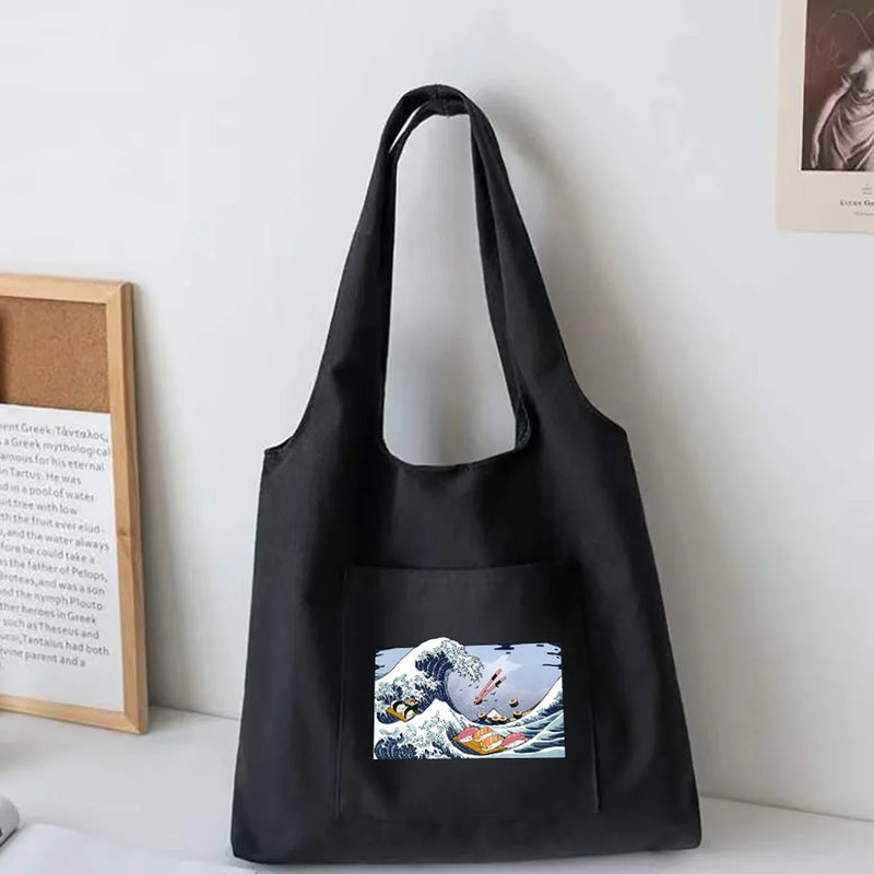 Wave Pattern Canvas Shoulder Tote Bag for Women