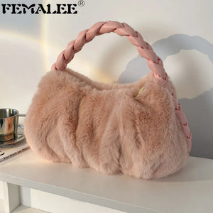 Winter Braided Handle Shoulder Bag Soft Plush Handbag Chain Bag