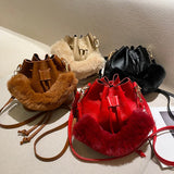 Winter Plush Top Handle Bag Small Bucket Crossbody Tote