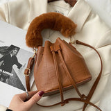 Winter Plush Top Handle Bag Small Bucket Crossbody Tote