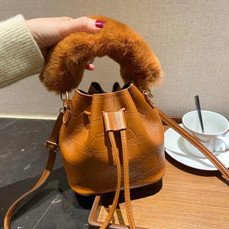 Winter Plush Top Handle Bag Small Bucket Crossbody Tote