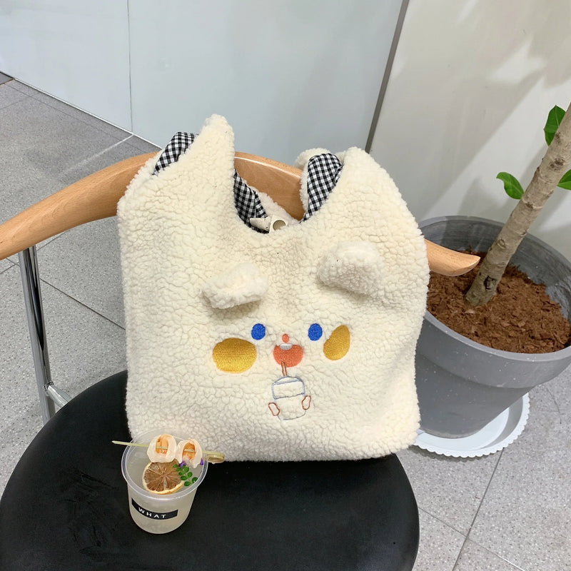 Winter Tote Bag Women Cartoon Embroidery Shoulder Bag Handbags