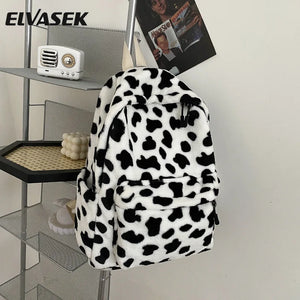 Winter Plush Backpack for Women Teenage Girls School Bag Cow Print Backpacks