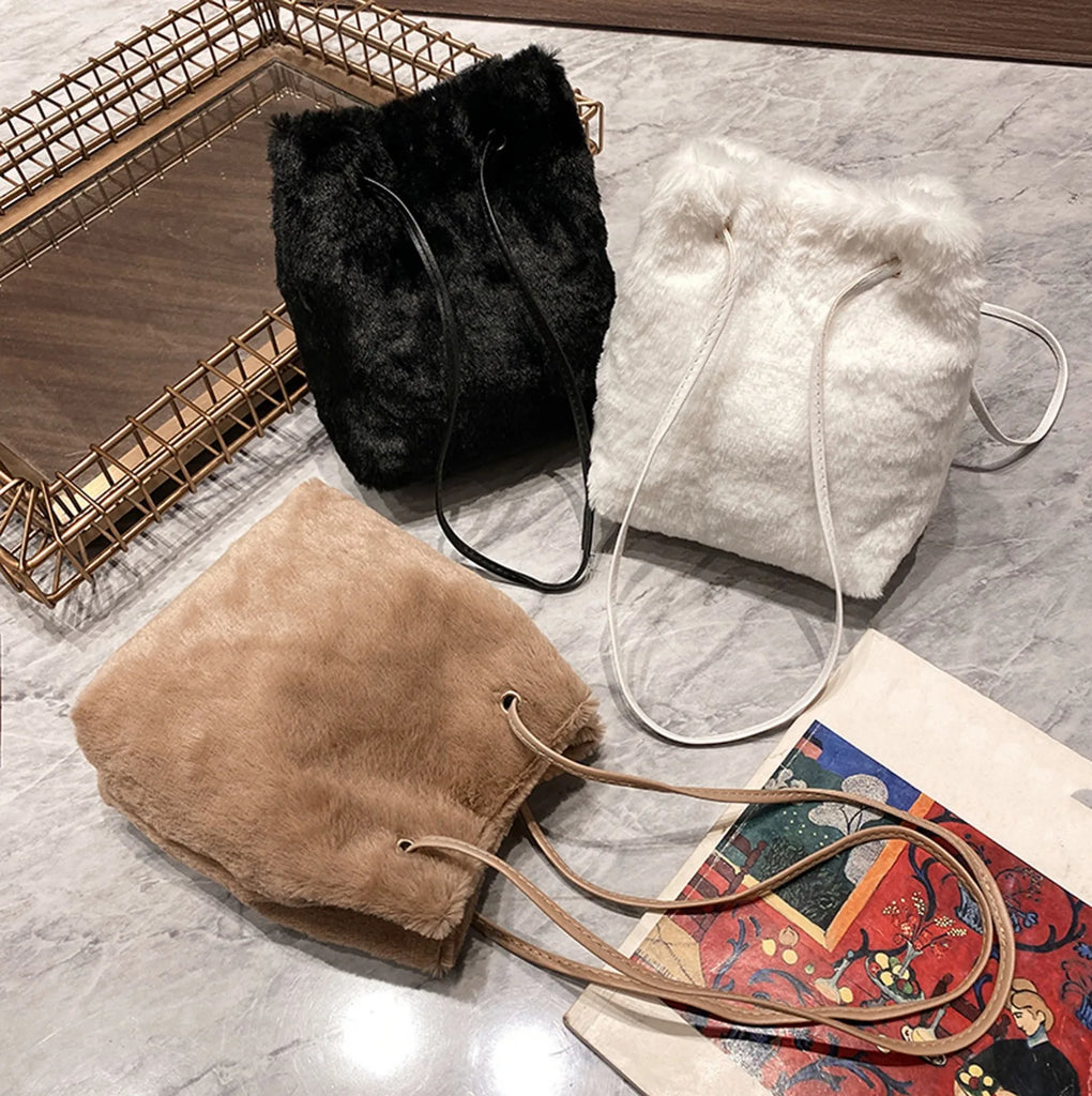 Plush Drawstring Bucket Crossbody Bag - Vintage Underarm Tote
