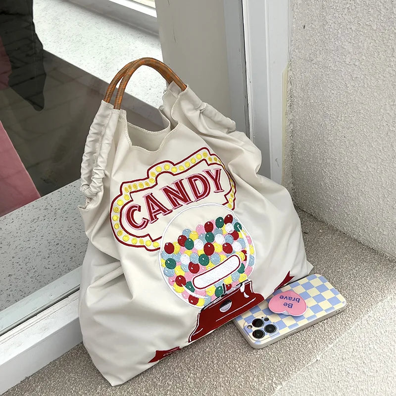 Embroidered Eco-friendly Tote Drawstring Bag Large Capacity