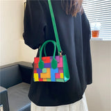 Women Mixed Block Square Bag Lady Casual Tote Shoulder Crossbody Bag
