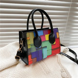 Women Mixed Block Square Bag Lady Casual Tote Shoulder Crossbody Bag