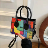 Women Mixed Block Square Bag Lady Casual Tote Shoulder Crossbody Bag