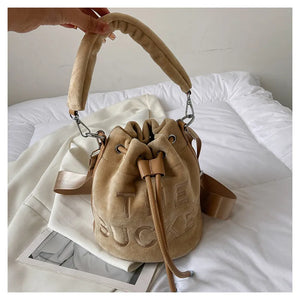 Women Fur Bucket Bags Printed Letters Cross Body Bags Winter